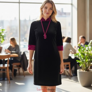 Mandarin-collar dress with Black / Lotus Pink Velvet